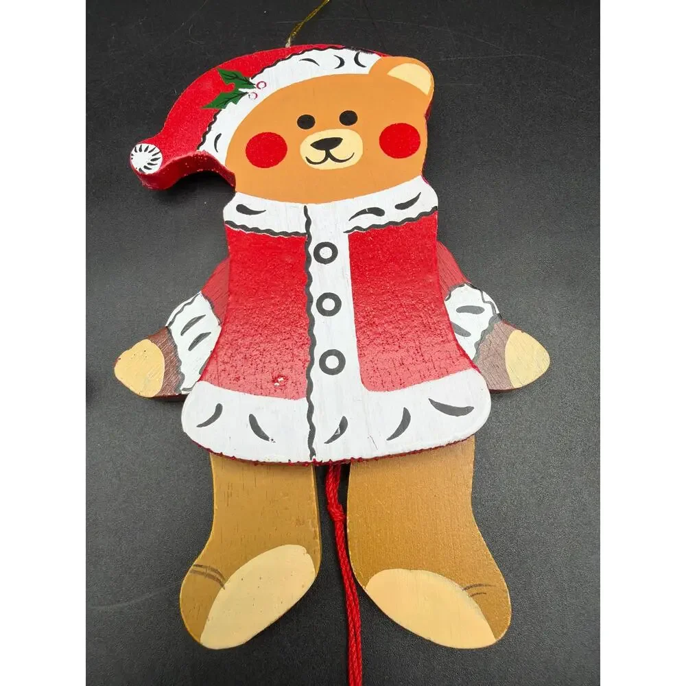 Vintage 1980s Jointed Wooden Teddy Bear Ornaments Set 2 Taiwan 5.5” Poseable